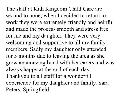 Sara Peters Testimonial about  Kidi Kingdom