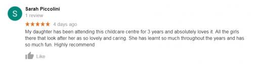 Sarah Piccolini testimonial about Kidi Kingdom Child Care Centres