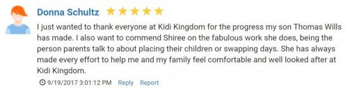 Testimonial about Kidi Kingdom Child Care Springfield Centre from Donna Shultz